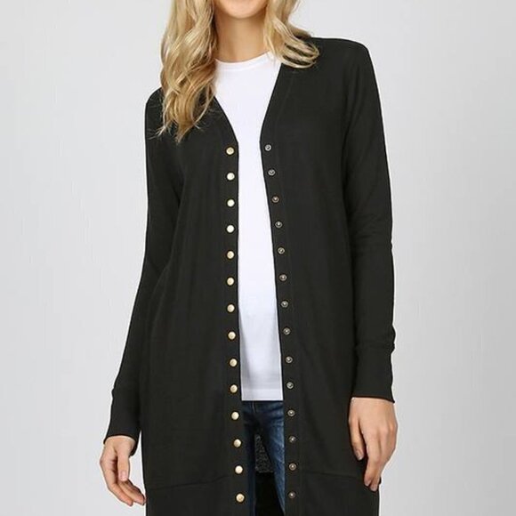 ZENANA Black Duster Length Snap Button Cardigan Sweater Size Small NWT - Picture 2 of 7